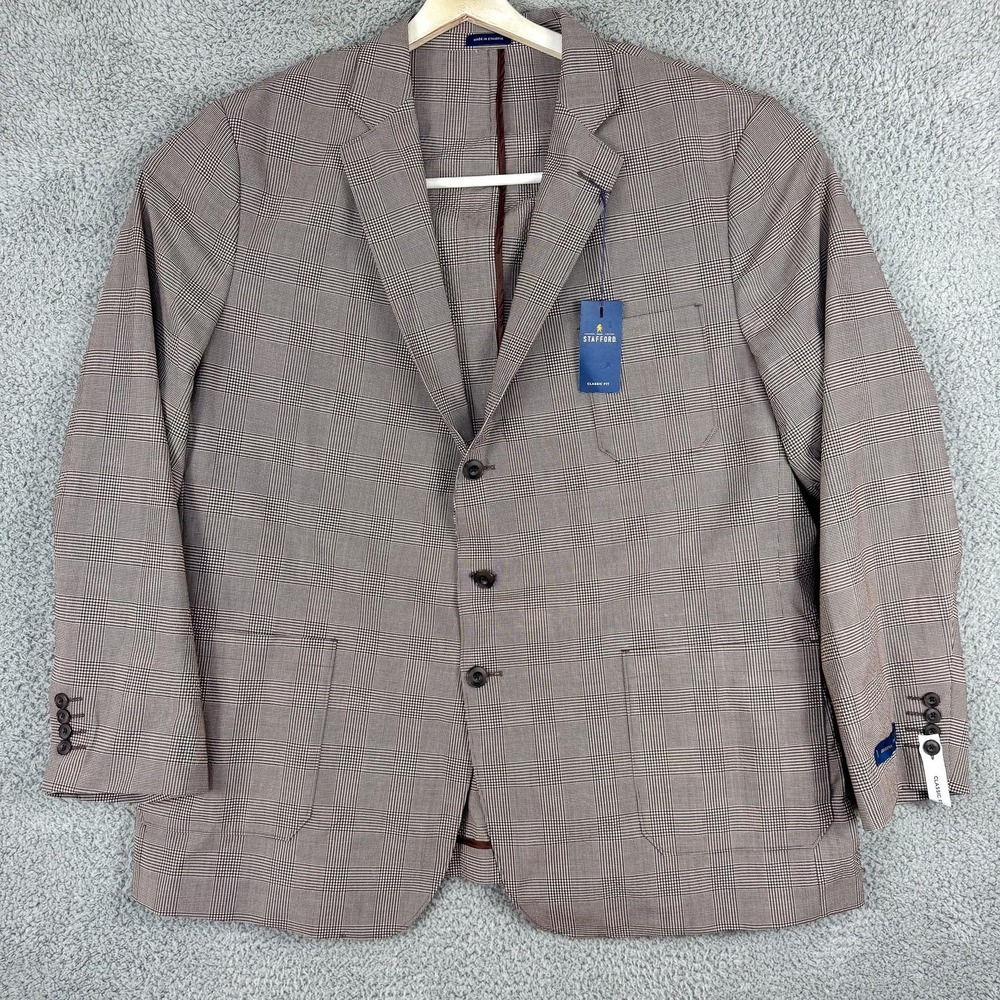Stafford Blazer Mens 52 Regular Brown Glen Plaid Seersucker Classic Fit Stretch